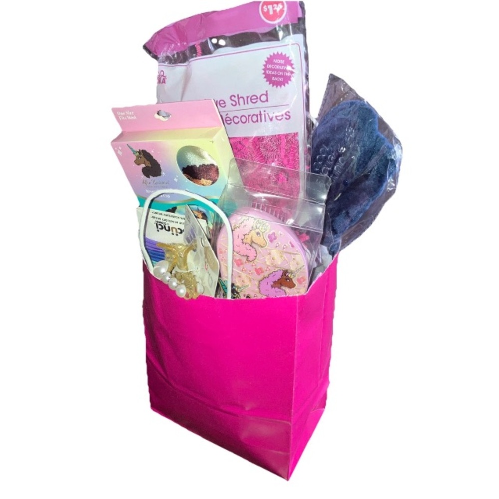 Girls Holiday Party Hair Gift Bag Basket Curly Bow Scunci Clips Brush Satin Cap